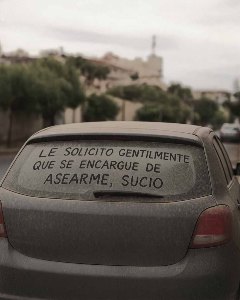 KRO06_05 Meme para redes de Kroner con mensaje escrito sobre la luneta polvorienta de un auto
