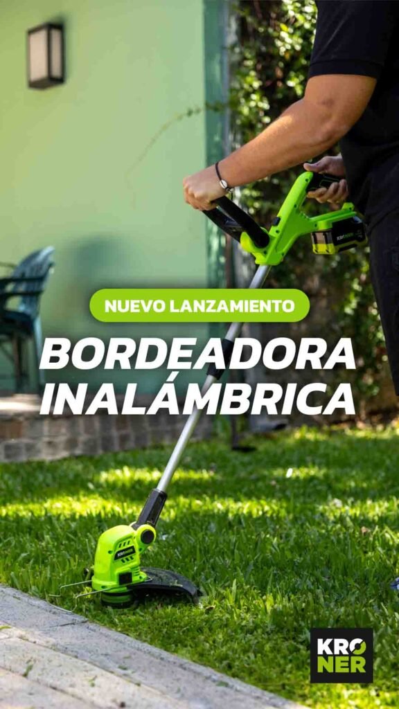 KRO_JARDIN_Bordeadora_02 Placa de lanzamiento de la bordeadora inalámbrica Kroner en el jardín