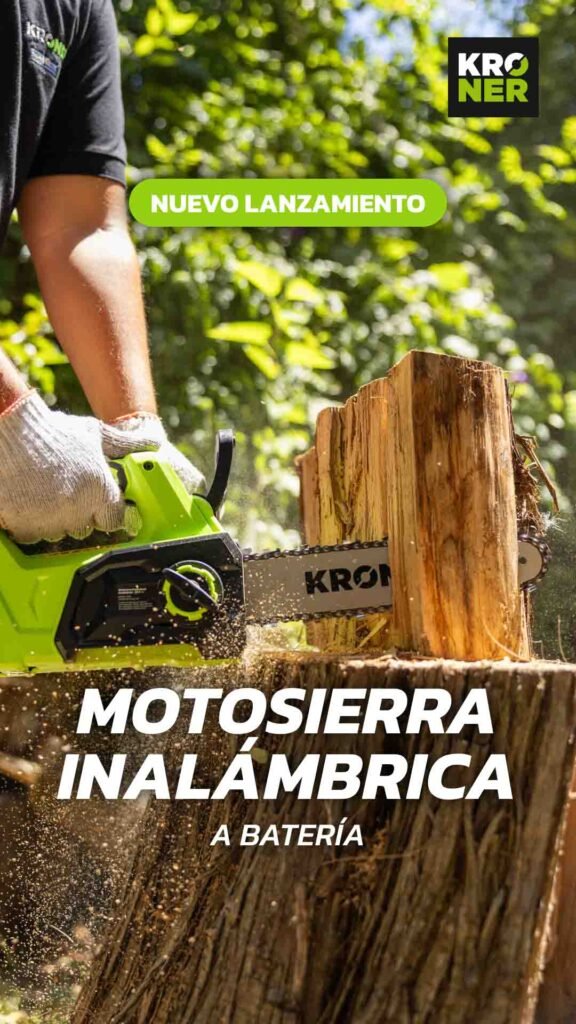 KRO_JARDIN_Motosierra_01 Motosierra inalámbrica Kroner cortando un tronco de madera con guantes de protección