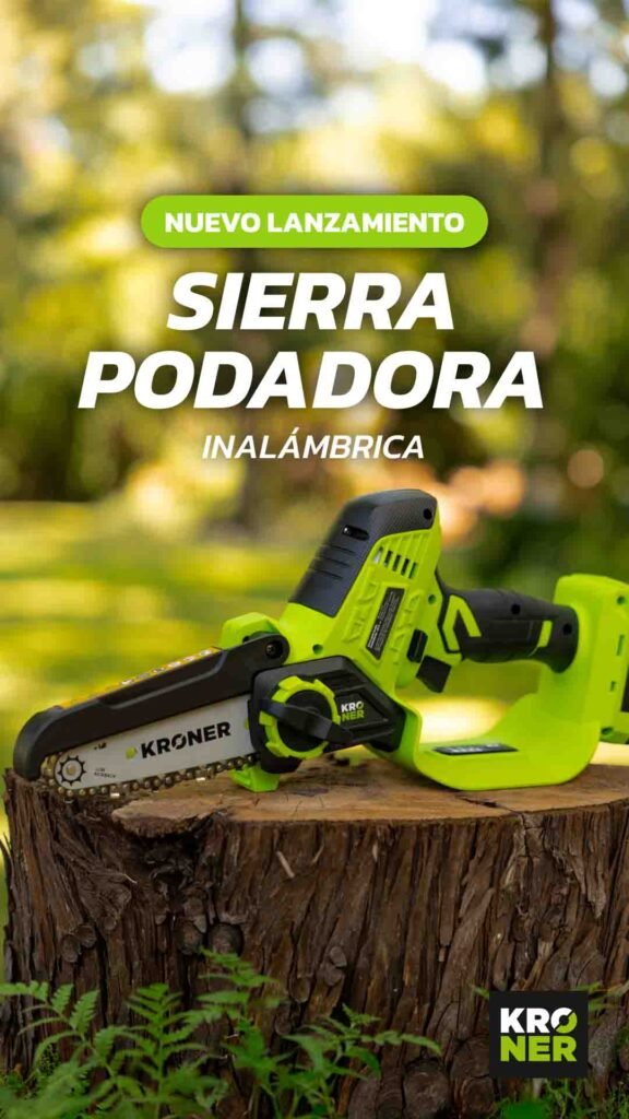 KRO_JARDIN_SierraPodadora_03 Sopladora de hojas inalámbrica Kroner en uso en un jardín