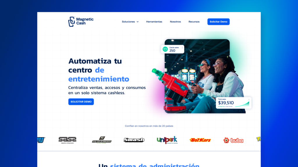 Web de Magnetics cash Home del sitio de Magnetic Cash en español con el titular "Automatizá tu centro de entretenimiento"