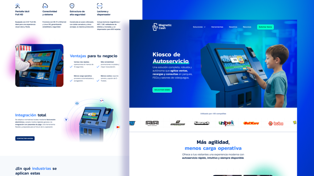 Web de Magnetics cash 3 Página del kiosco de autoservicio de Magnetic Cash con especificaciones técnicas y logos de operadores