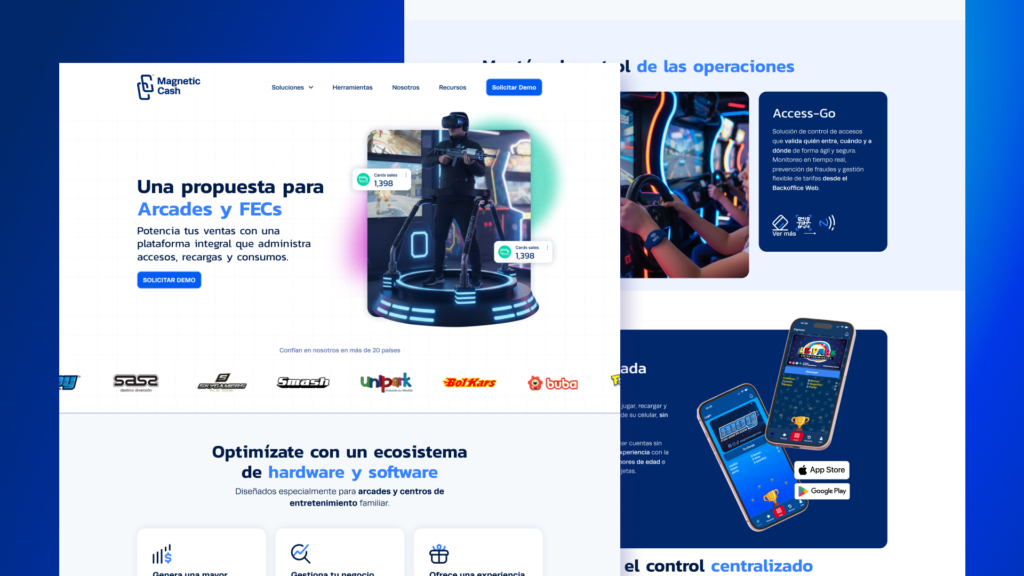 Web de Magnetics cash 9 Página de la solución para arcades y FECs de Magnetic Cash con Access-Go y app móvil personalizada